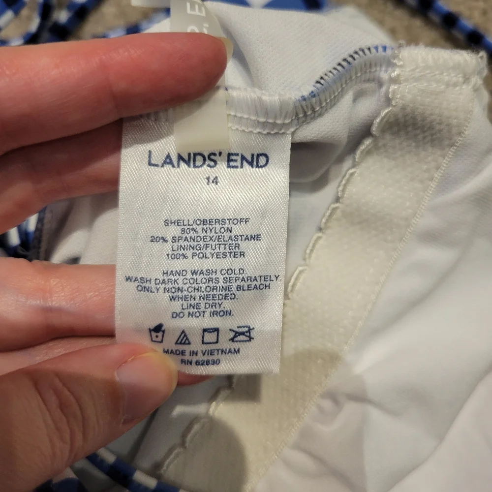 Lands' End Lace Up Blue Gingham Swimsuit One-Piece Sunrise Collection